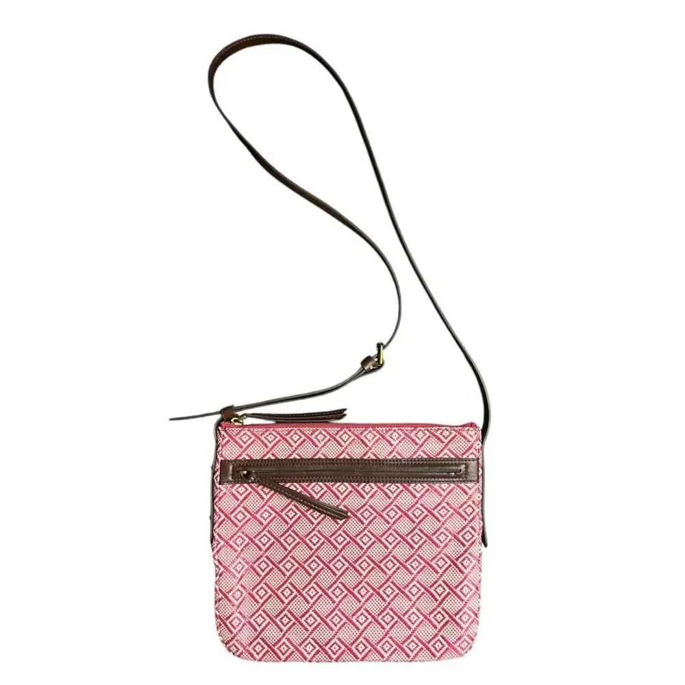 Fossil Purse Pink White Straw Leather Trim Crossbody Bag - Picture 7 of 10